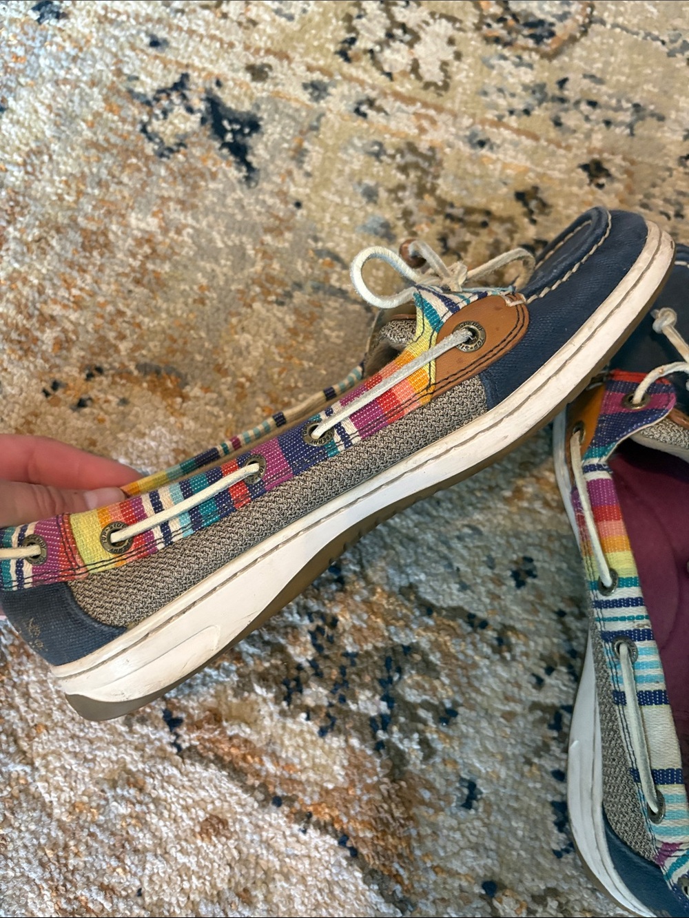 Sperry Navy Canvas Moccasins with Multicolor Stripe Trim - Picture 2 of 3